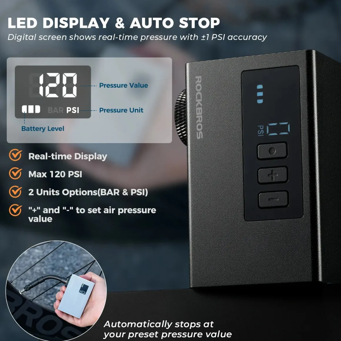AS240 PRO Mini Electric Bike Pump with Gauge Max 120PSI