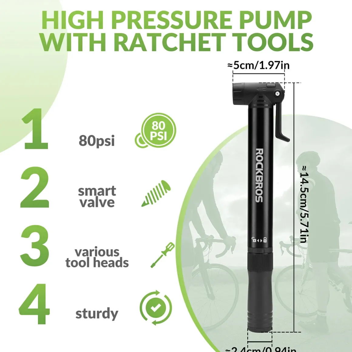 Mini Bike Pump with 8-in-1 Ratchet Tool 80 PSI