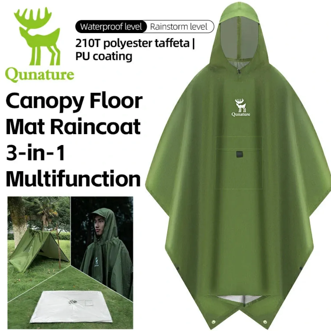 Qunature 3-in-1 Waterproof Raincoat Canopy Floor Mat Lightweight Portable