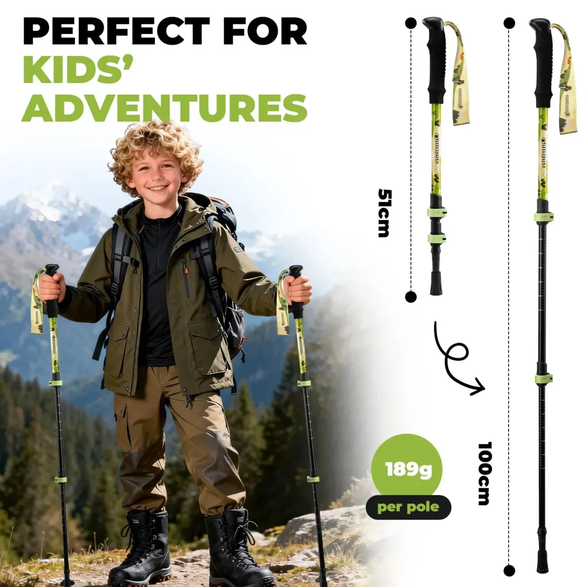Qunature Kids Aluminum Trekking Pole with Adjustable Height
