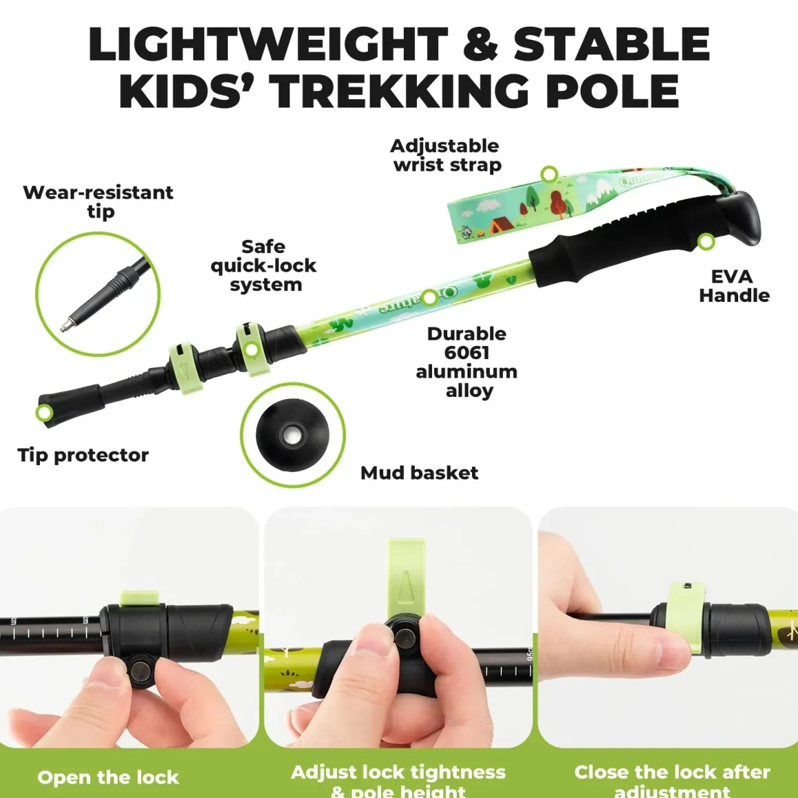Qunature Kids Aluminum Trekking Pole with Adjustable Height