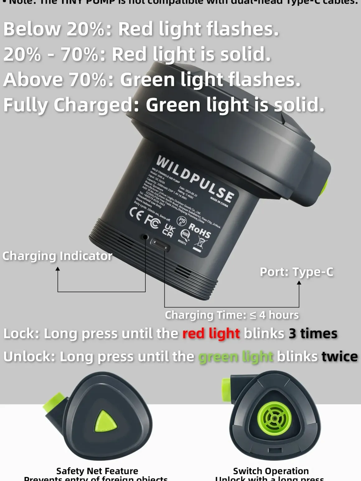 Qunature 5KPa Rechargeable Electric Air Pump with 3 Nozzles
