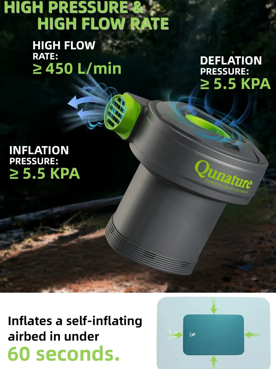 Qunature 5KPa Rechargeable Electric Air Pump with 3 Nozzles