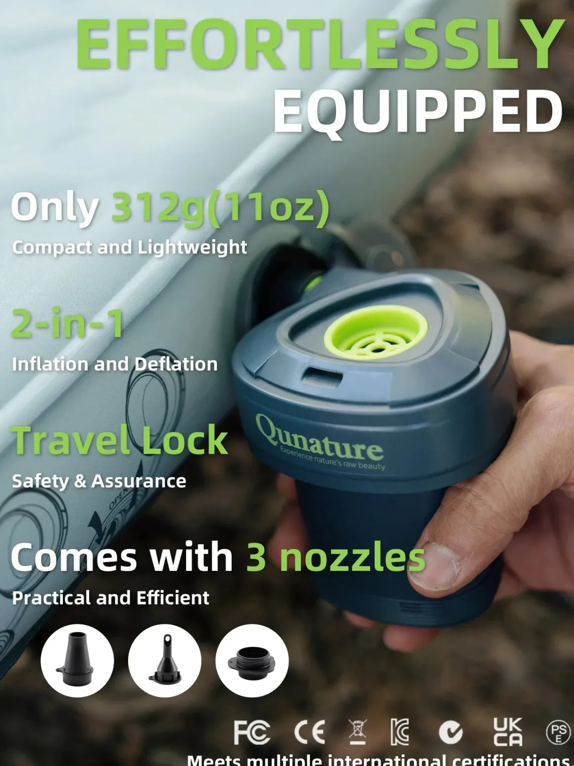 Qunature 5KPa Rechargeable Electric Air Pump with 3 Nozzles
