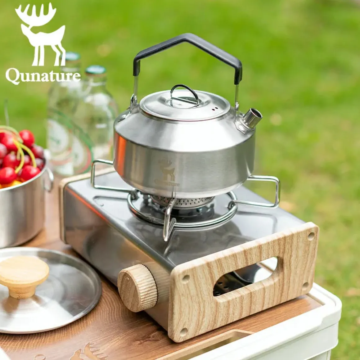Qunature Stainless Steel Tea Set with Foldable Pot and Kettle for Outdoor Adventures