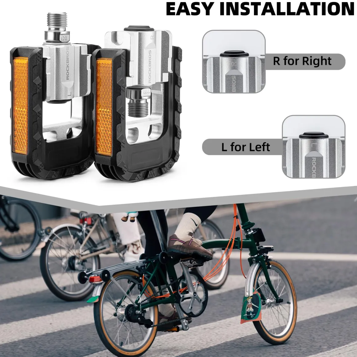 ROCKBROS Aluminum Alloy Foldable Bike Pedals 9/16 with Lightweight Reflective Strips Non-Slip