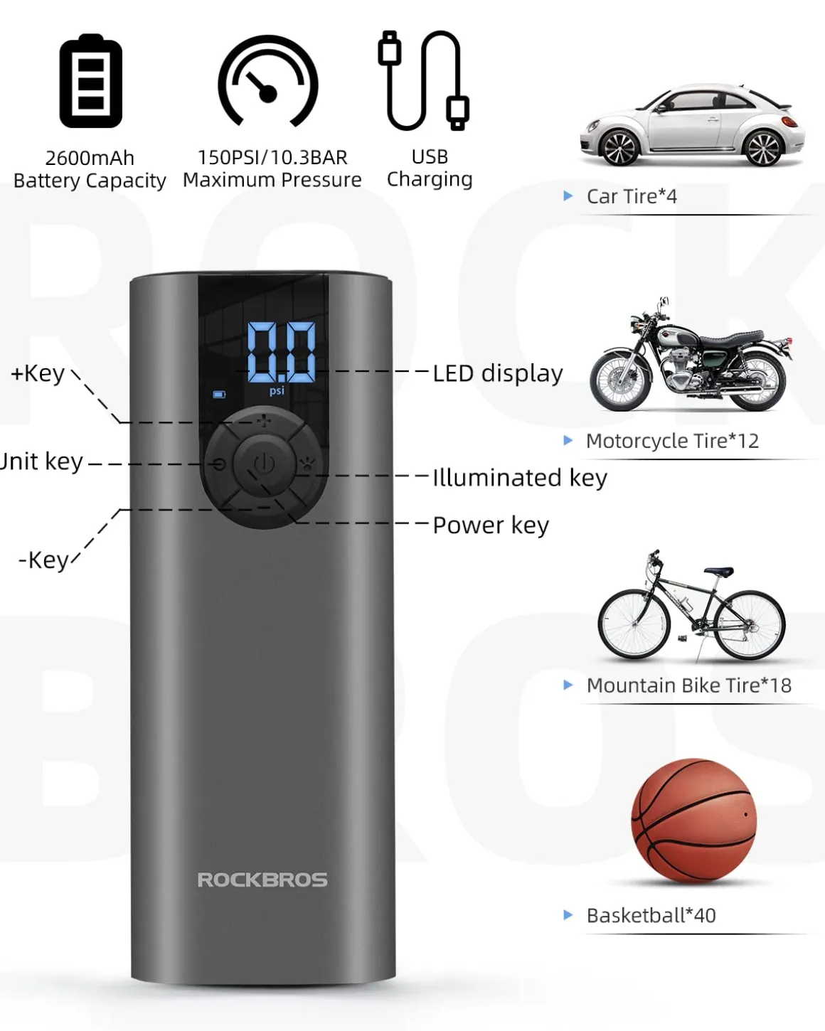 ROCKBROS A8 Mini Electric Air Bike Tire Pump 150PSl 2*2600mAh