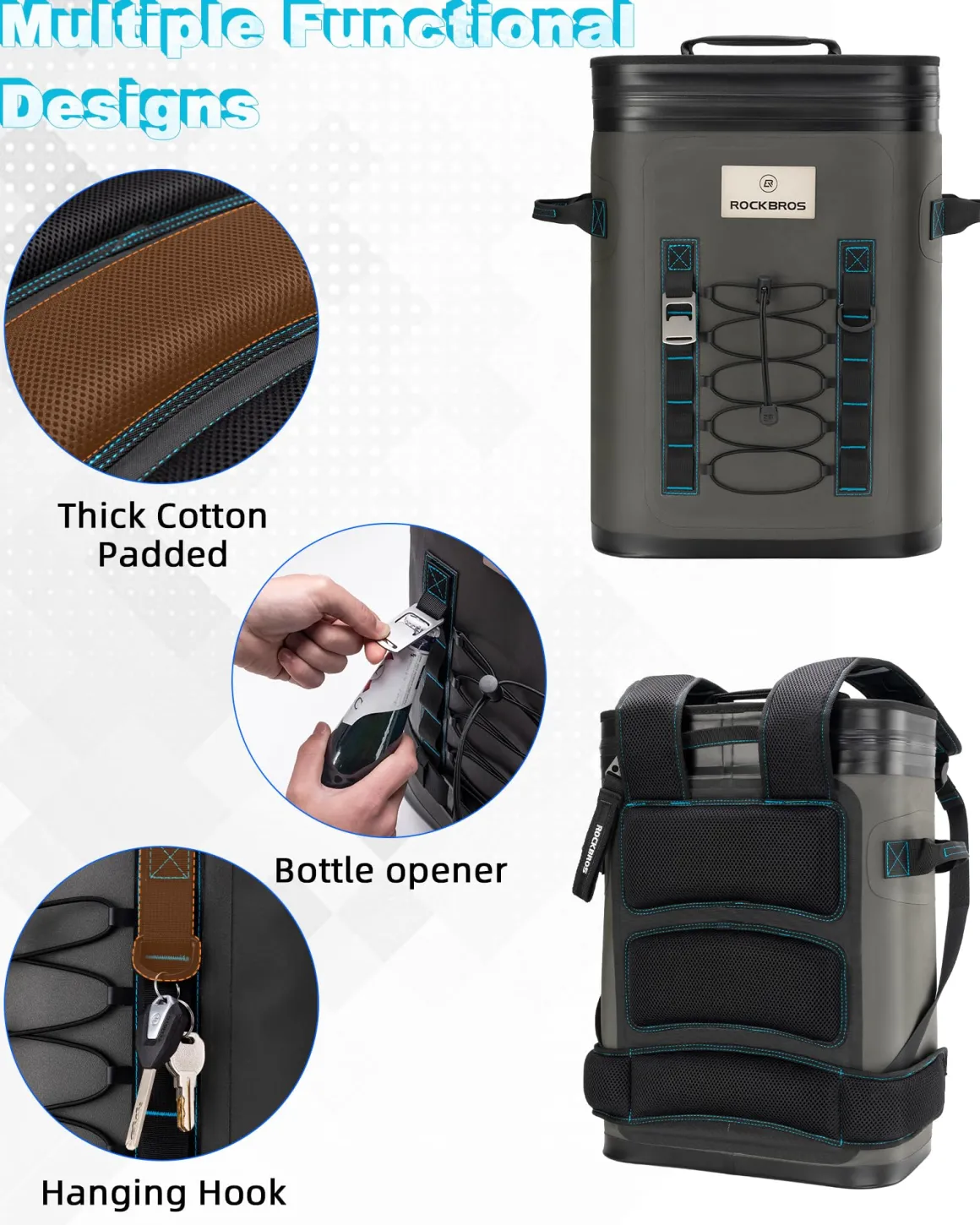 ROCKBROS Backpack Cooler 36 Can Insulated Portable Cooler Waterproof Soft Cooler