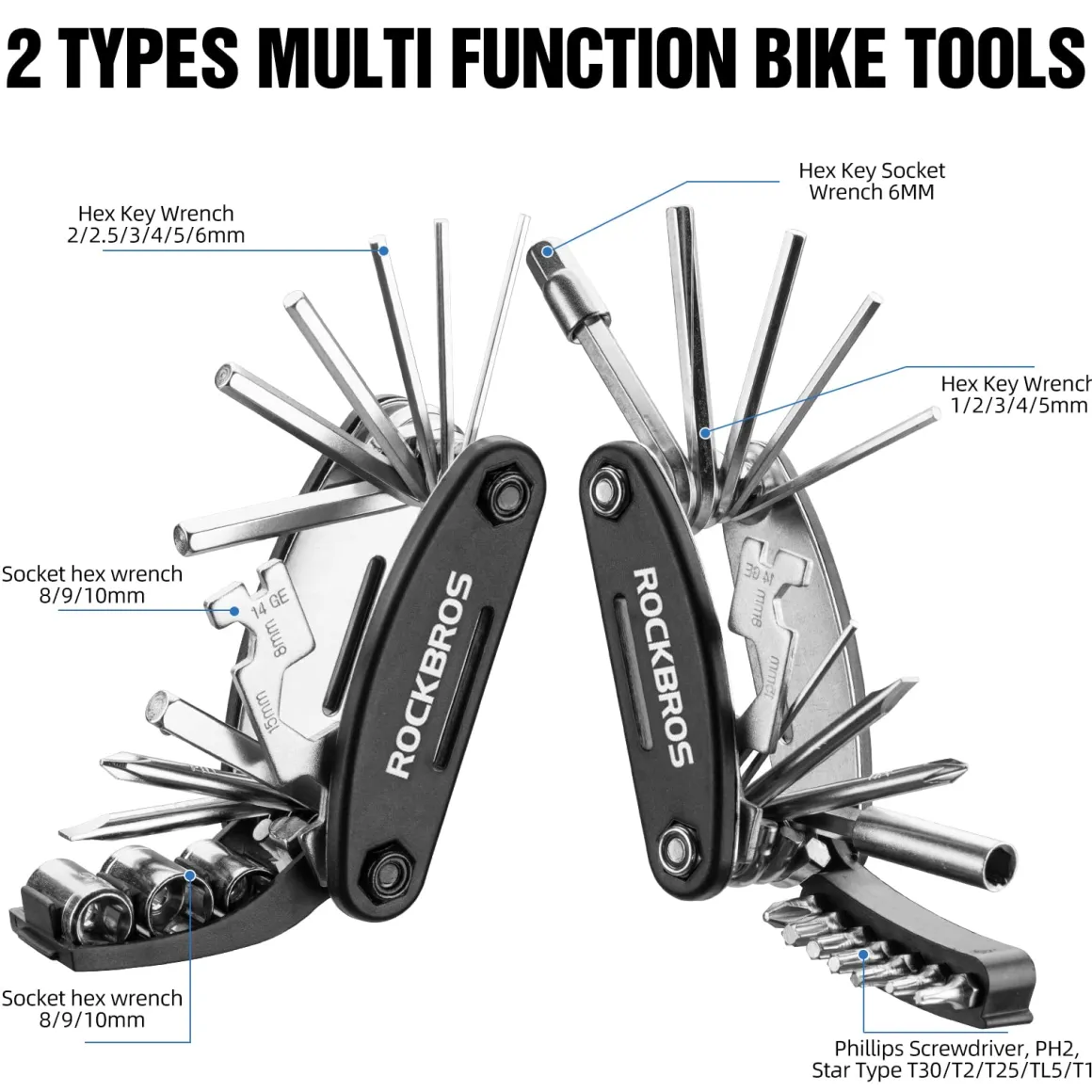 ROCKBROS Bike Foldable Repair Kit 16-in-1 Multi-Function Portable Allen Wrench and Tire Lever