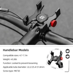 ROCKBROS Bike Phone Holder, Aluminum Handlebar Mount for 4.7-7.1