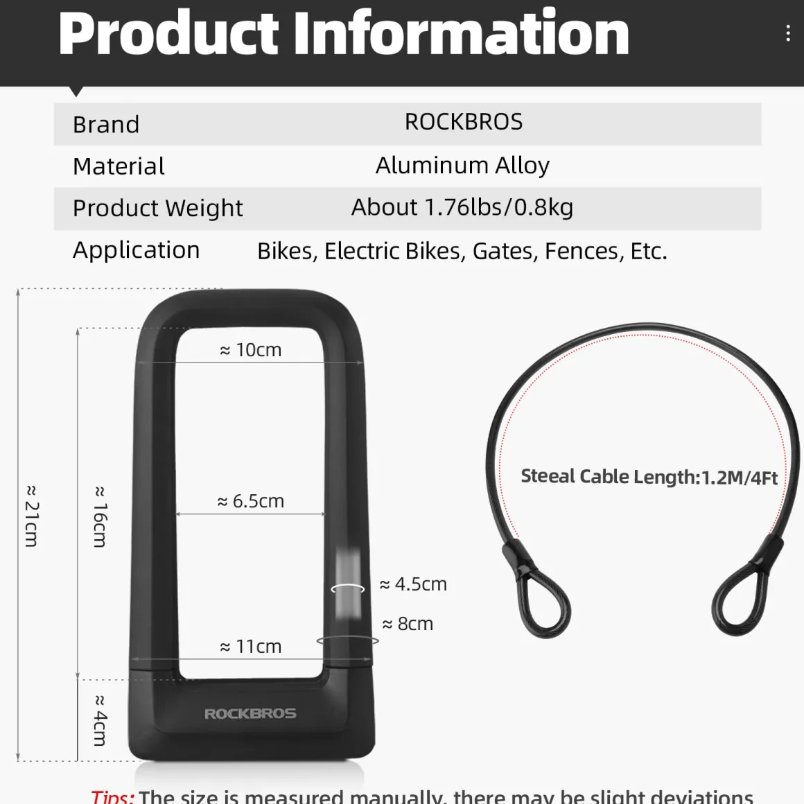 ROCKBROS Bike U Lock, Heavy Duty Anti Theft Bike U Lock with Cable Silicone Cover