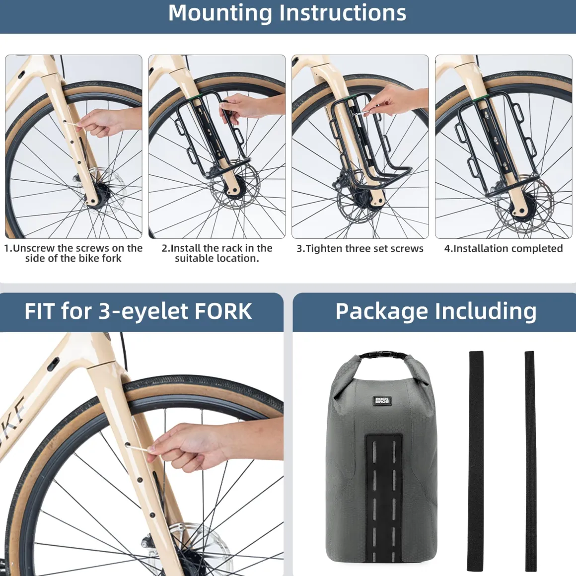 ROCKBROS Bike Waterproof 4L Front Fork Bag with Bike Rack