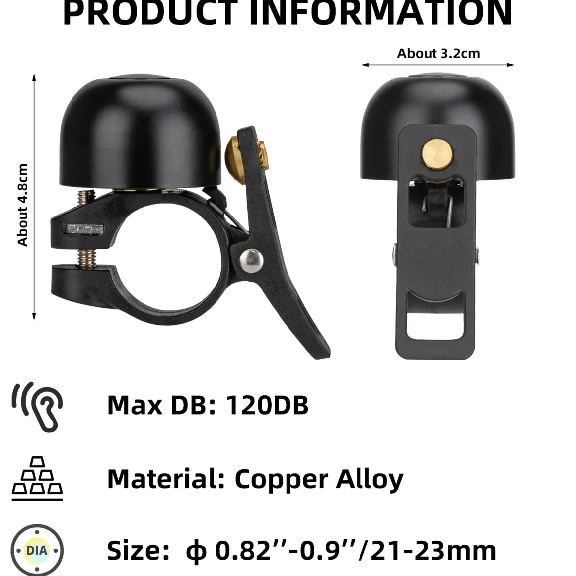 ROCKBROS Copper Alloy Bike Bell, Loud Classic Ring, Fits 21-23mm Handlebars for Adults