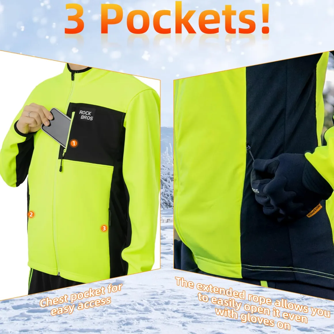 ROCKBROS Cycling Thermal Bike Jackets Winter Warm UP Breathable Windproof 3 Pockets