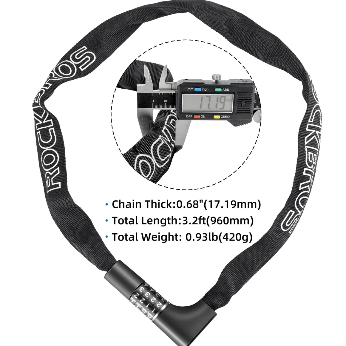 ROCKBROS 3.2FT Heavy Duty Bike Chain Lock Anti-Theft Security Lock Resettable Combination 2 Keys