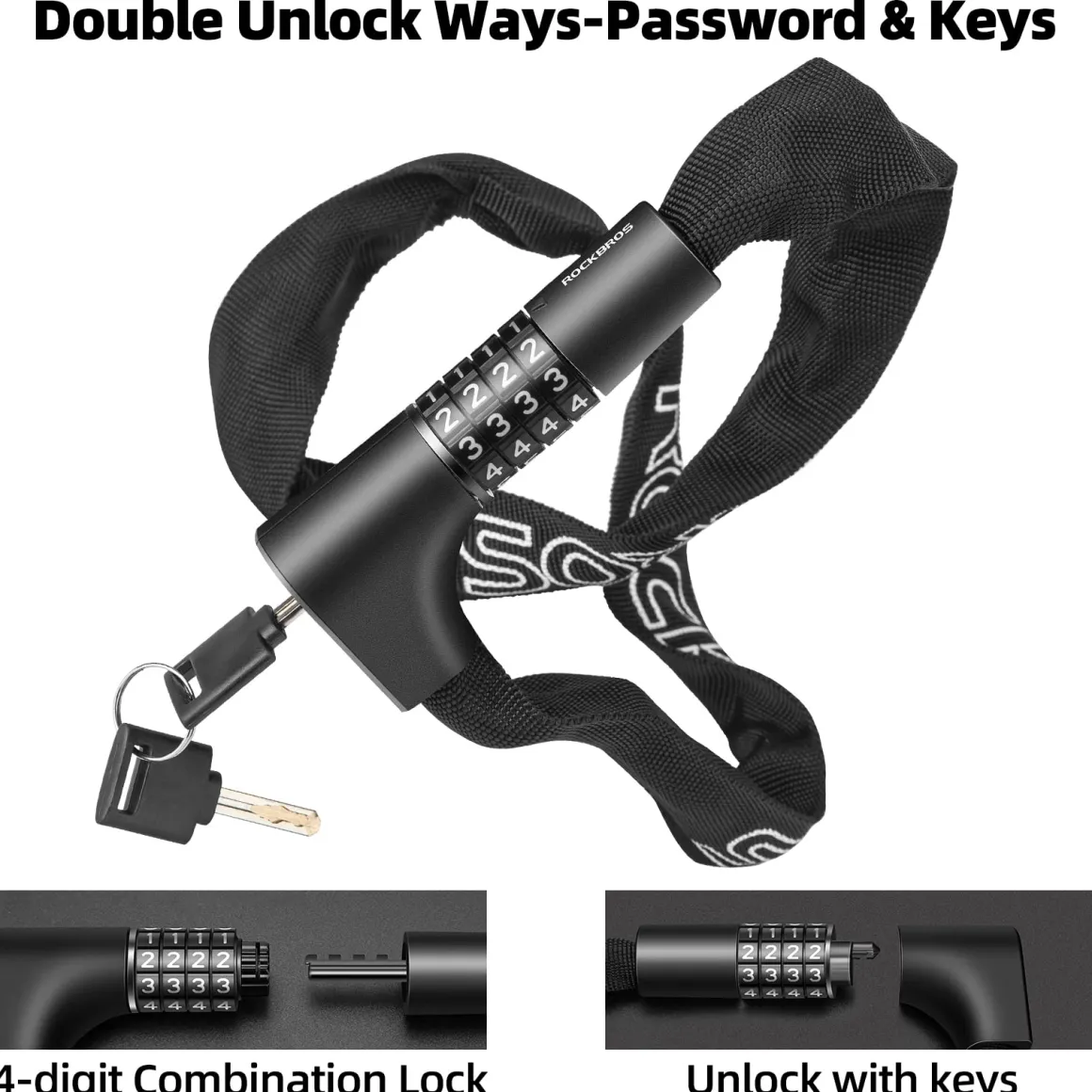 ROCKBROS 3.2FT Heavy Duty Bike Chain Lock Anti-Theft Security Lock Resettable Combination 2 Keys