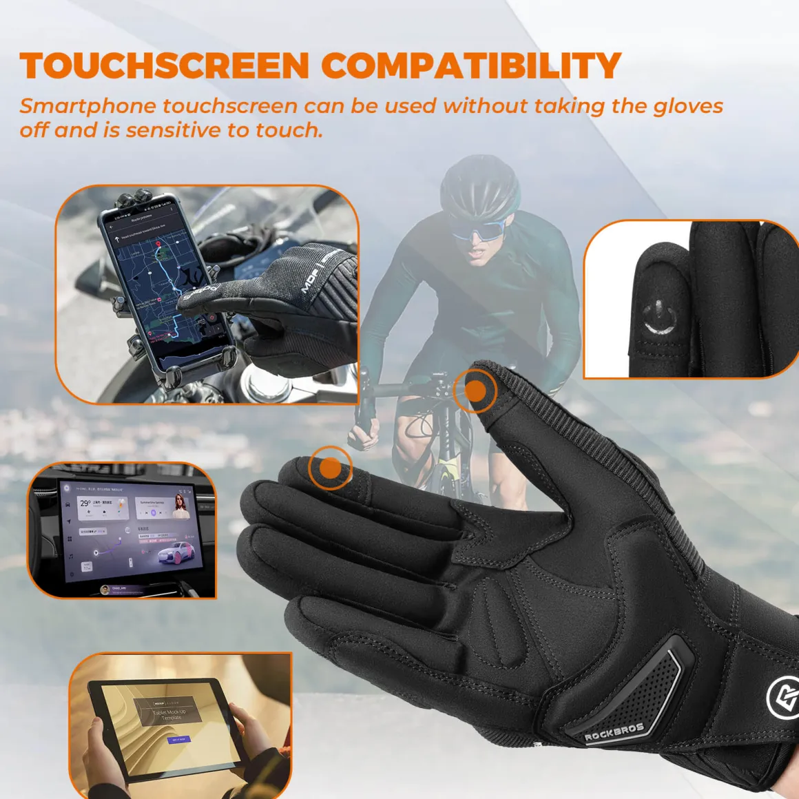 ROCKBROS Full Finger Cycling Gloves Touchscreen Breathable Flexible Padded