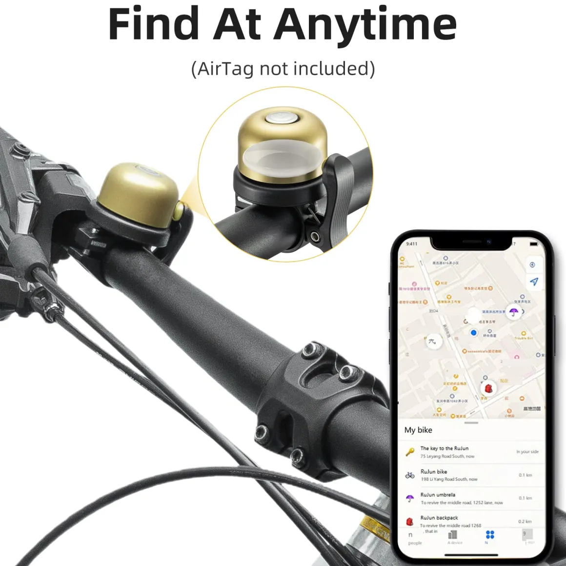 ROCKBROS Hidden AirTag Bike Bell, Anti-Theft GPS Tracker for 0.87"/22.2mm, 1"/25.4mm, 1.25"/31.8mm Handlebars
