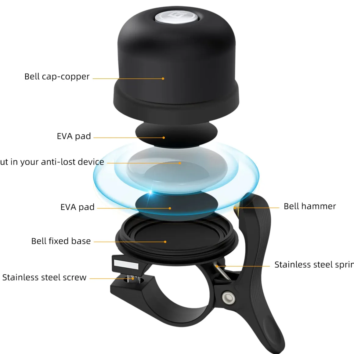 ROCKBROS Hidden AirTag Bike Bell, Anti-Theft GPS Tracker for 0.87"/22.2mm, 1"/25.4mm, 1.25"/31.8mm Handlebars