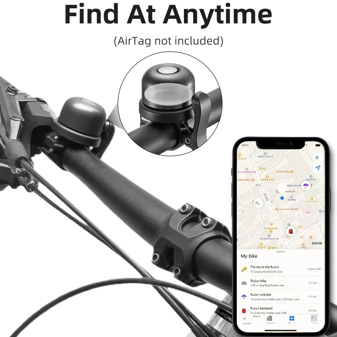 ROCKBROS Hidden AirTag Bike Bell, Anti-Theft GPS Tracker for 0.87"/22.2mm, 1"/25.4mm, 1.25"/31.8mm Handlebars