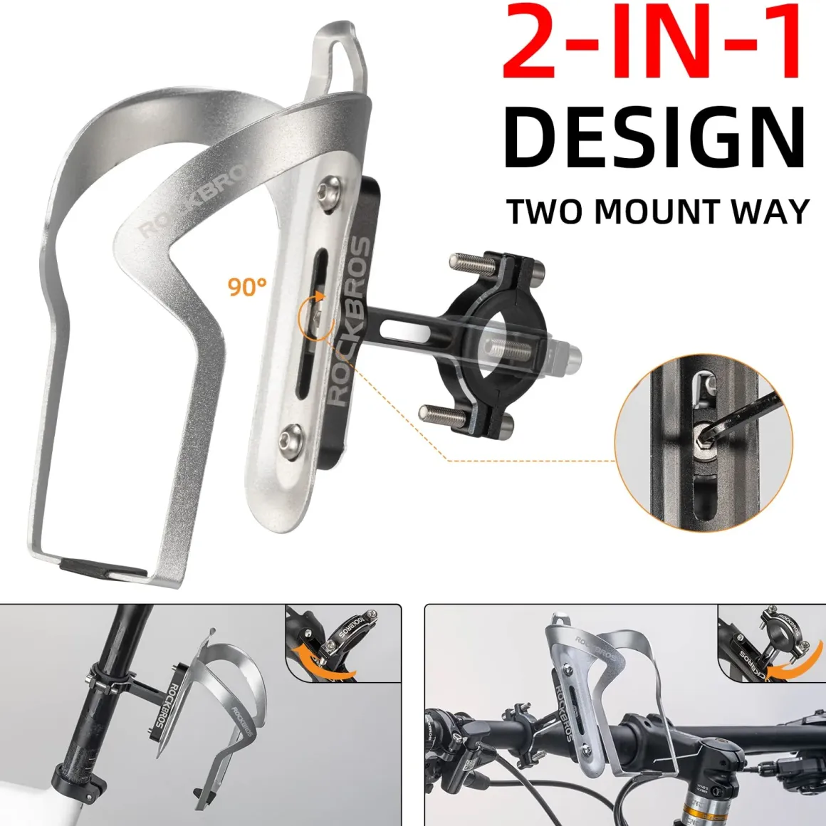 ROCKBROS 2-in-1 Bike Cup Holder Adjustable Bottle Cage for Handlebars & Seat Post