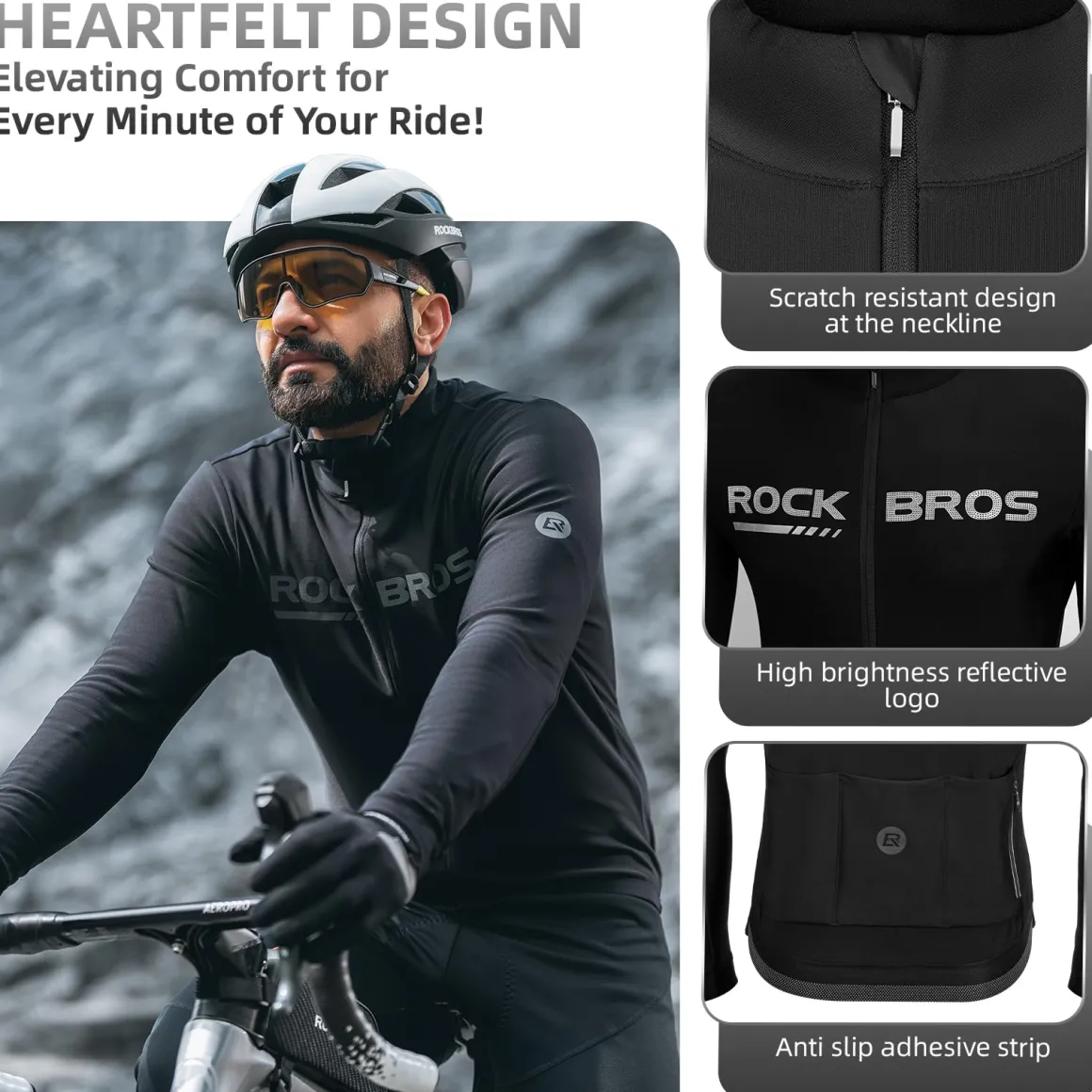 ROCKBROS Men's Long Sleeve Cycling Jersey with full zipper rear pockets perfect fit for outdoor sports