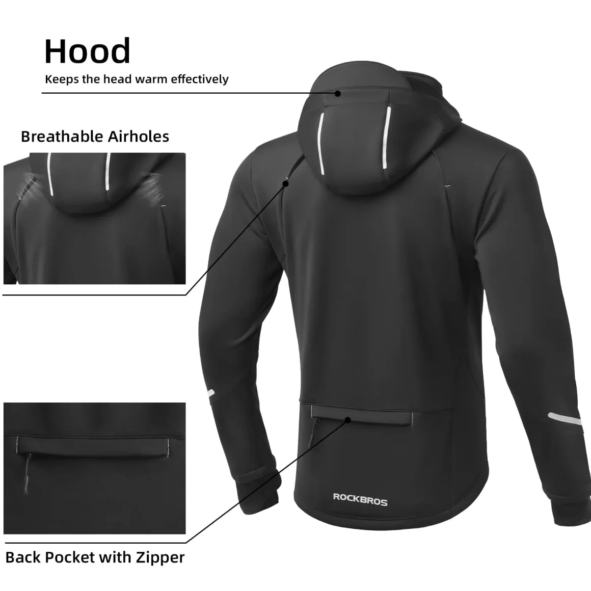 ROCKBROS Men's Winter Cycling Jacket for 5–32°F Thermal Windproof for Biking, Running, Hiking