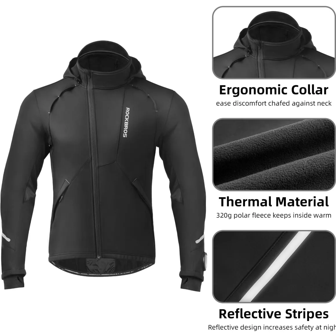 ROCKBROS Men's Winter Cycling Jacket for 5–32°F Thermal Windproof for Biking, Running, Hiking