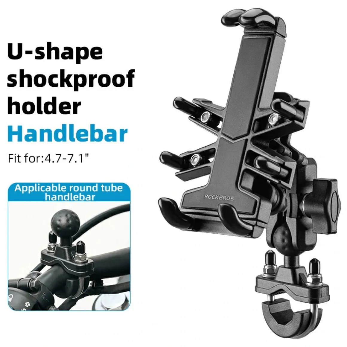 ROCKBROS Motorcycle ATV Adjustable Phone Holder with Vibration Dampener for 4.7-7.1" Phones