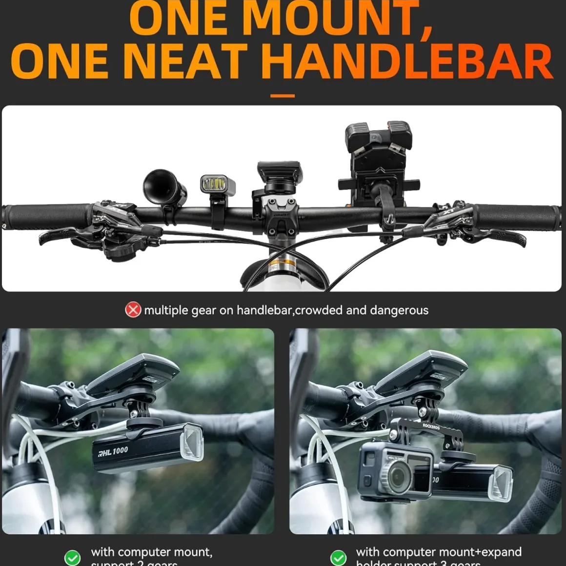 ROCKBROS Out Front Bike Mount Cycling Computer Mount Bike Handlebar 1.25''/ 31.8mm