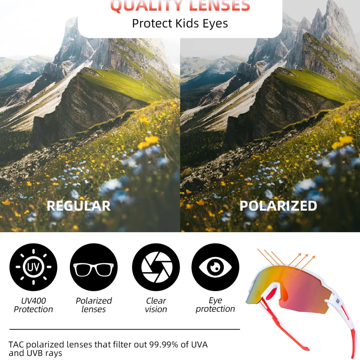 ROCKBROS Polarized Youth Kids UV400 Cycling Sports Sunglasses for Boys Girls Age 8-14
