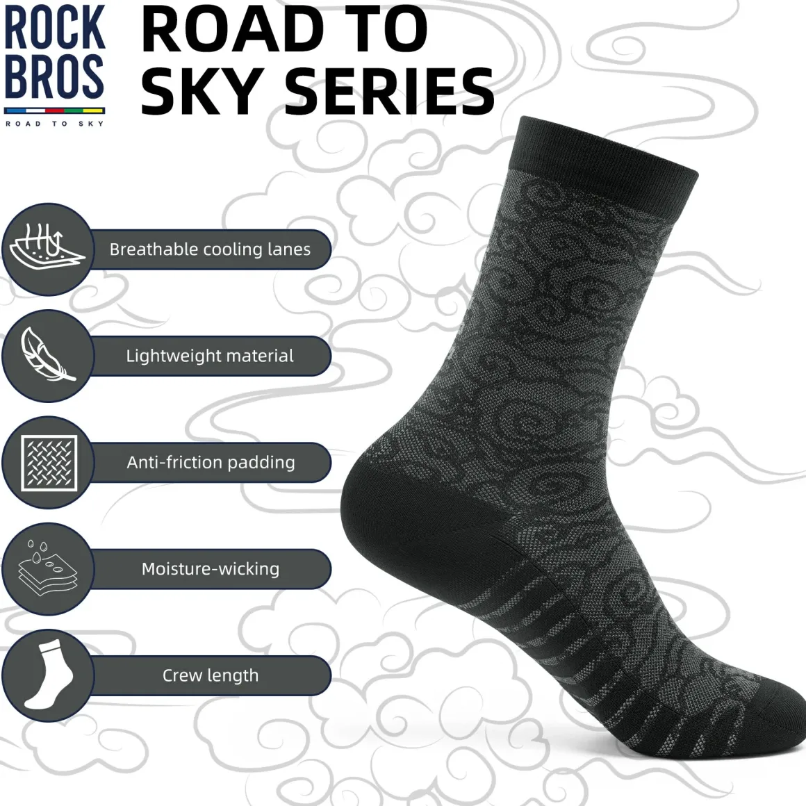 ROCKBROS Road to Sky Bike Socks Breathable Fabric Antibacterial Long Ride Cushioned