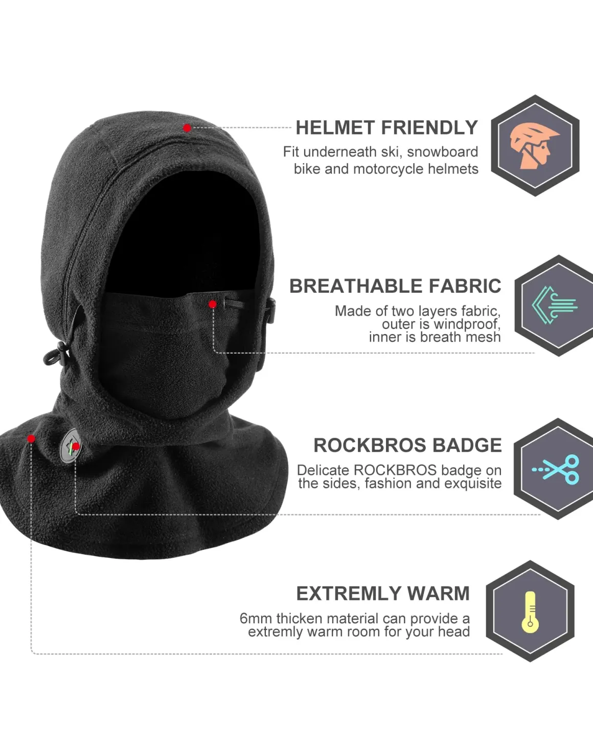 ROCKBROS Ski Mask Thermal Fleece Balaclava Winter Face Cover for Men Women