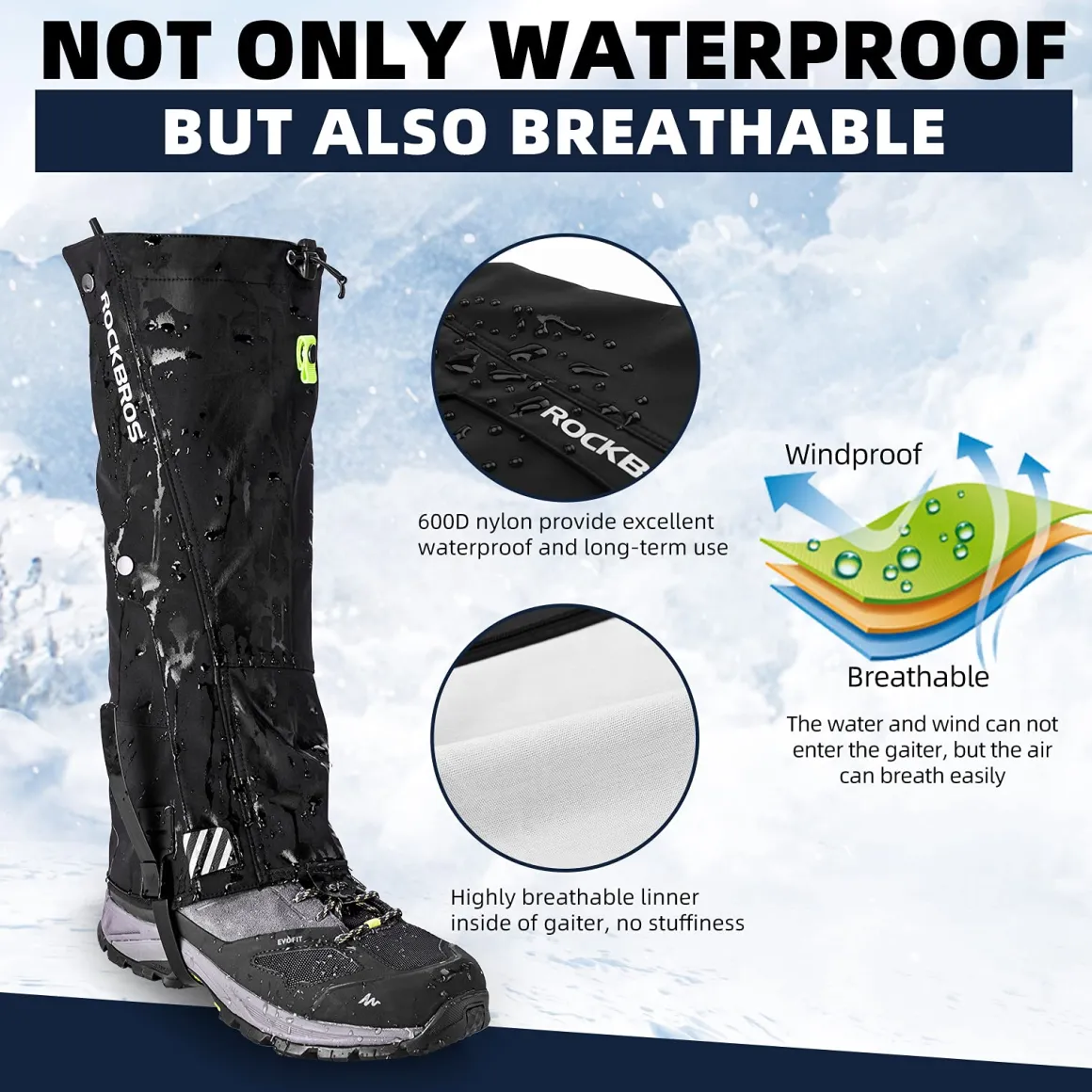 ROCKBROS Snow Boot Leg Gaiters, Waterproof Hiking Gaiters for Winter Sports and Snow Shoes