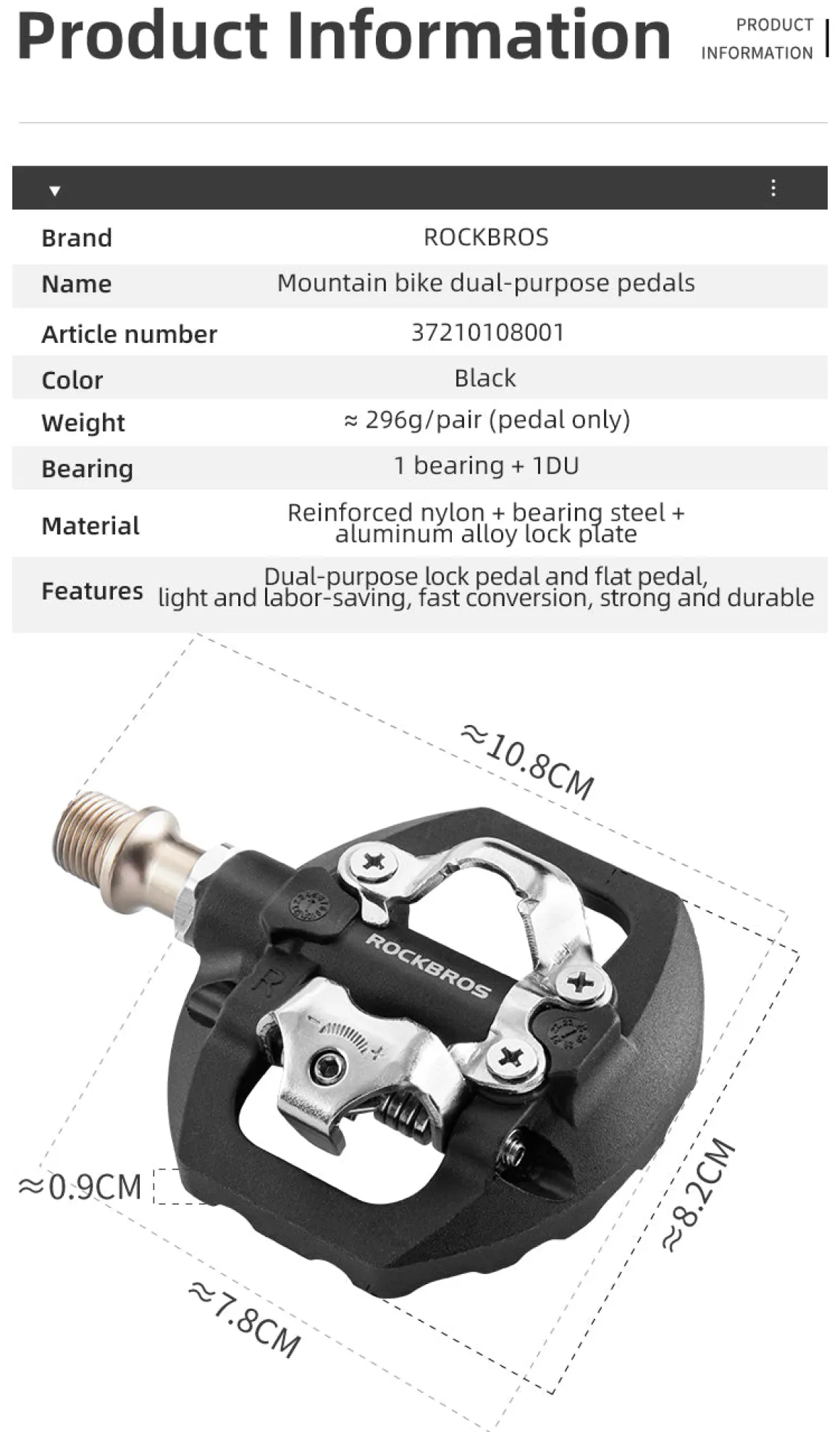 ROCKBROS SPD Dual-Purpose Bike Pedals - Compatible with Shimano MTB/Road