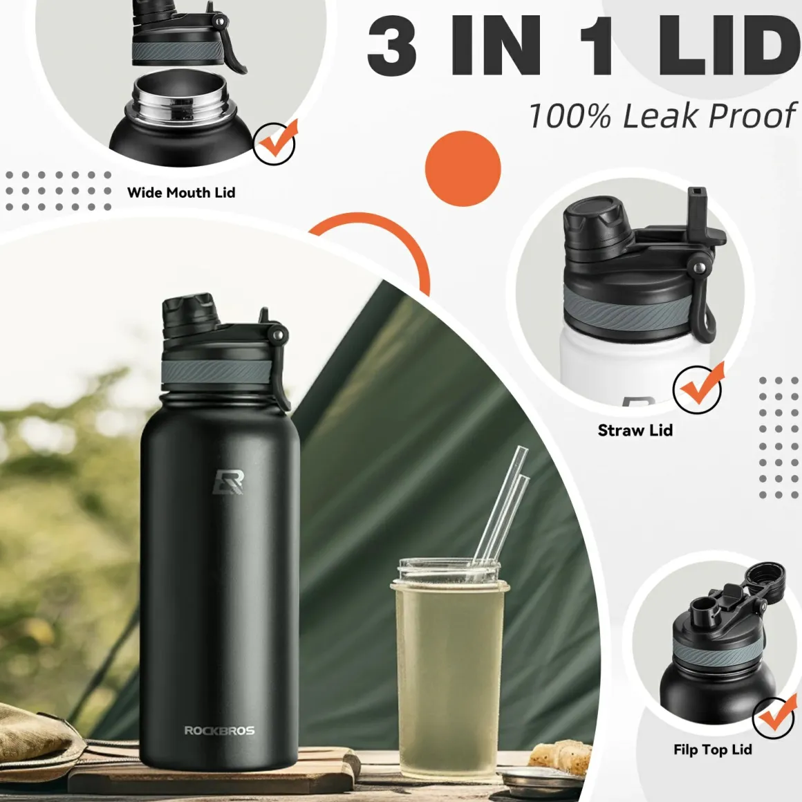 ROCKBROS Stainless Steel Insulated Water Bottle with Straw