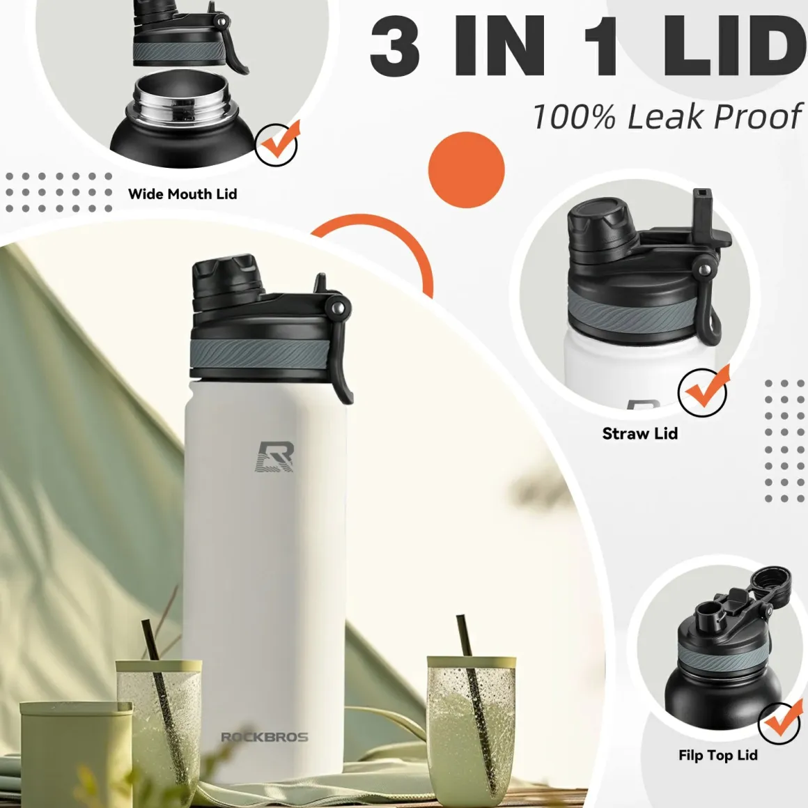ROCKBROS Stainless Steel Insulated Water Bottle with Straw