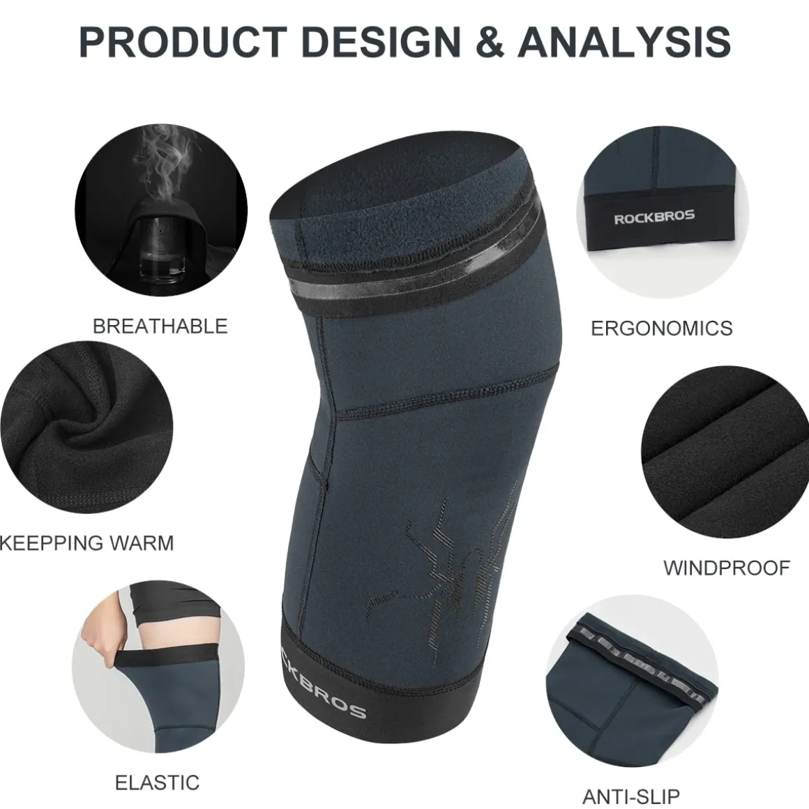 ROCKBROS Thermal Knee Warmer Men Anti-Slip Knee Brace Sleeves for Winter Cycling Basketball
