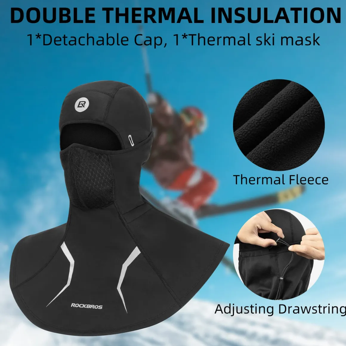 ROCKBROS Thermal Ski Mask, Windproof Fleece Balaclava for Cold Weather, Ski Face Mask for Men