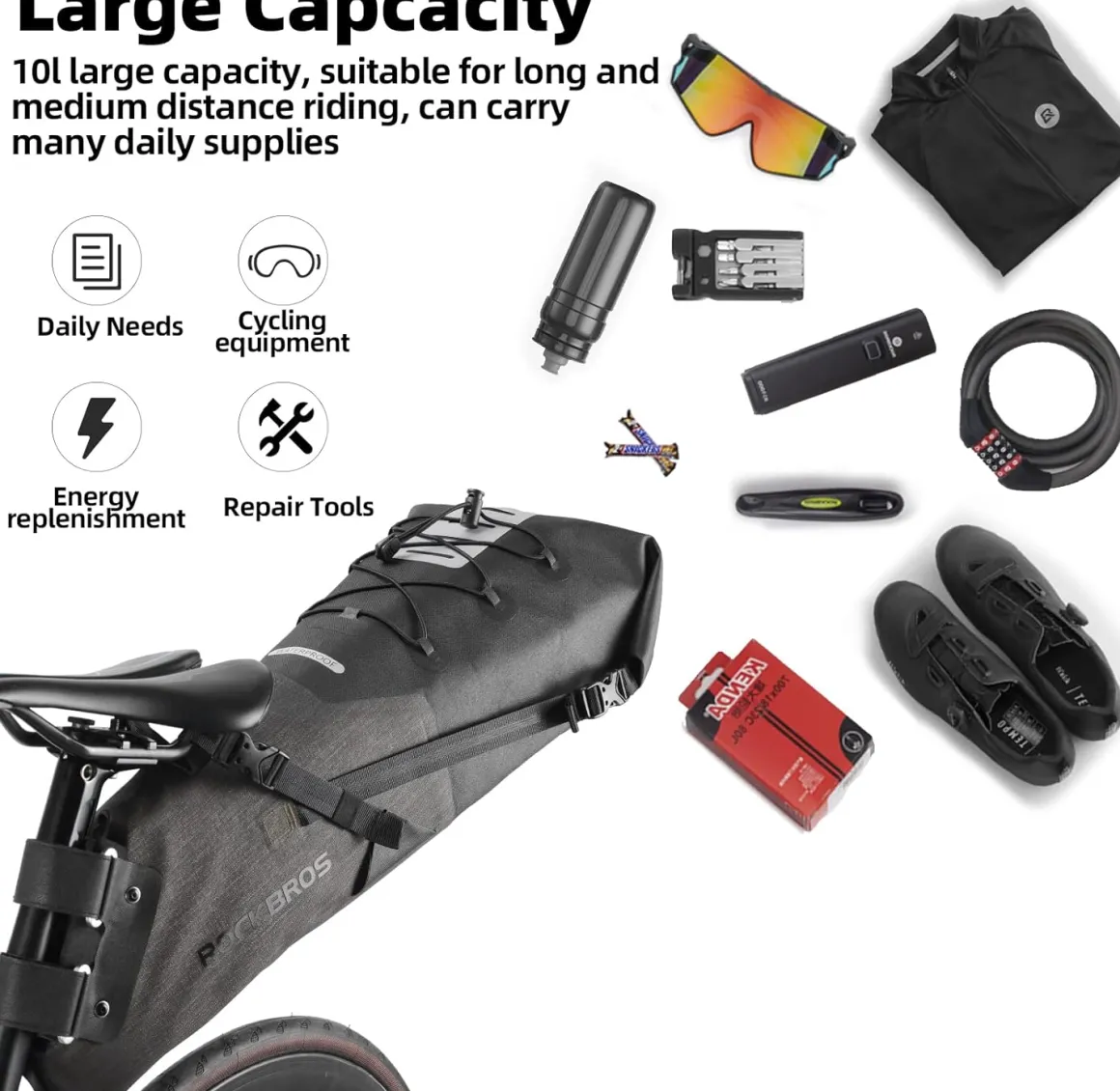 ROCKBROS Waterproof Bikepacking Saddle Bag 14L Adjustable Capacity Easy Install
