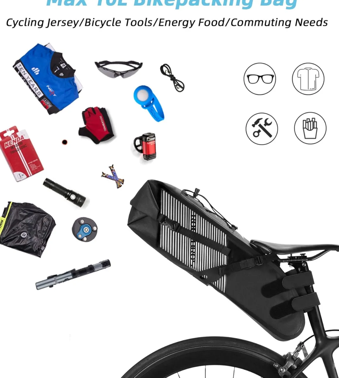 ROCKBROS Waterproof Bikepacking Saddle Bag 14L Adjustable Capacity Easy Install