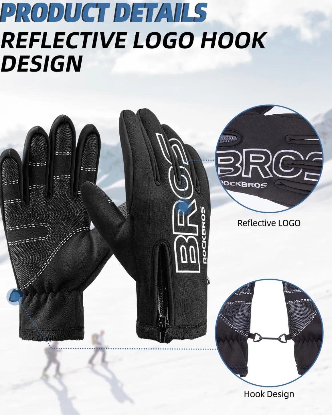 ROCKBROS Winter Cycling Gloves, Water-Resistant, Touch Screen, Anti-Slip Full Finger Gloves