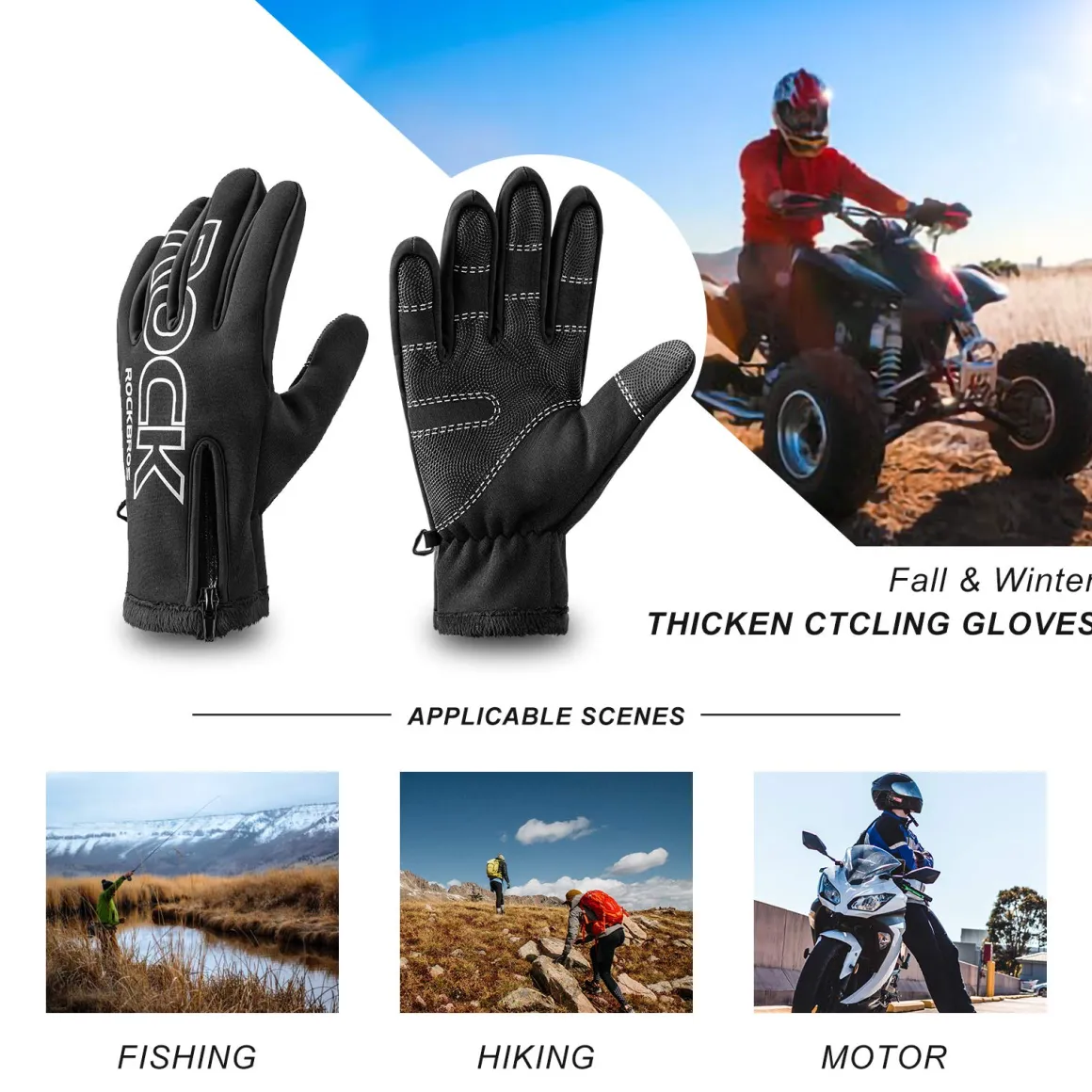 ROCKBROS Winter Cycling Gloves, Water-Resistant, Touch Screen, Anti-Slip Full Finger Gloves