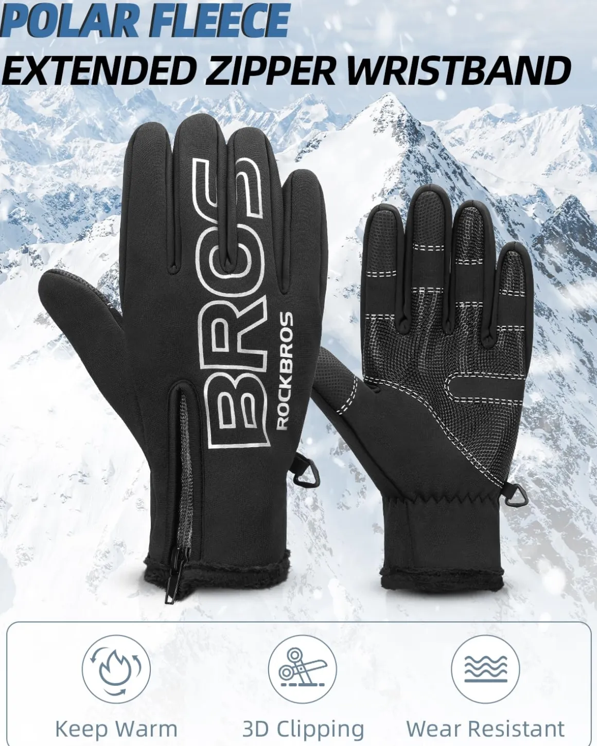 ROCKBROS Winter Cycling Gloves, Water-Resistant, Touch Screen, Anti-Slip Full Finger Gloves