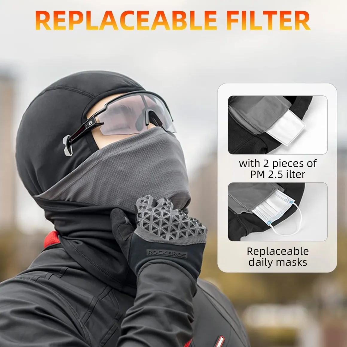 ROCKBROS Winter Ski Mask with Filter Pocket, Full Face Balaclava for Men Women