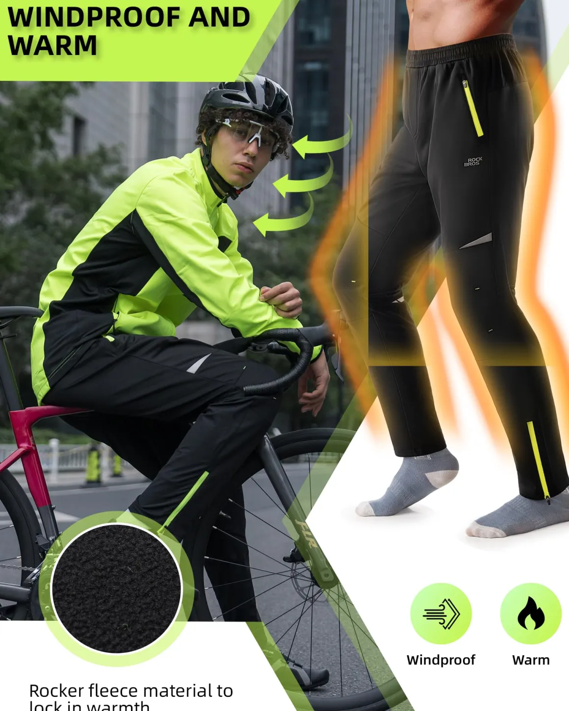 ROCKBROS Winter Thermal Tights Windproof Bike Cycling Pants for Running Outdoor Hiking Gear
