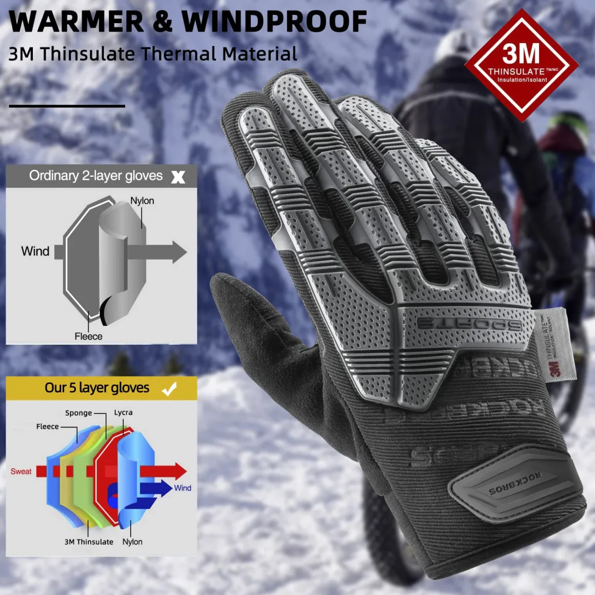 ROCKBROS Winter Touchscreen Motorcycle Gloves with Palm Padding & Knuckle Protection