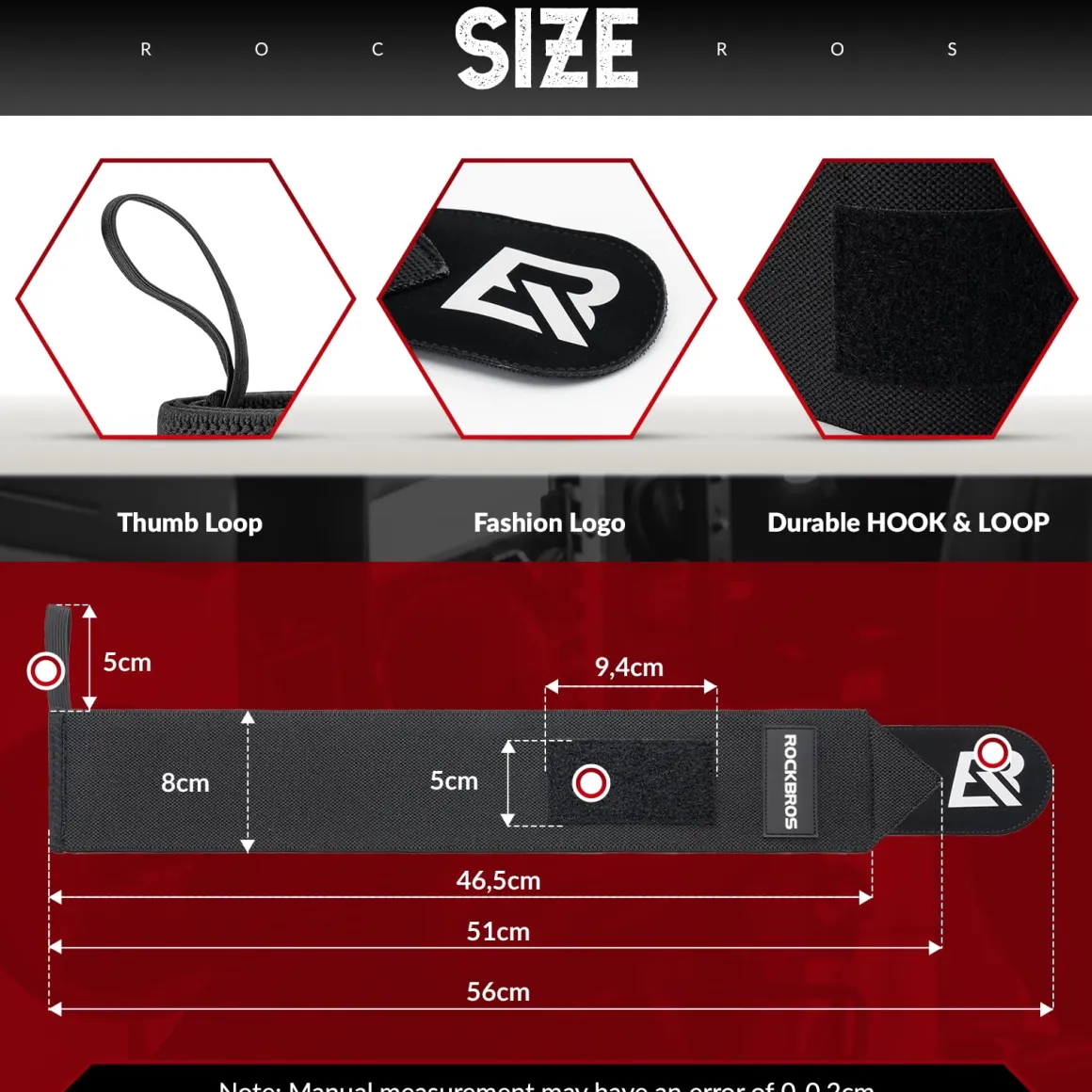 ROCKBROS 22” Wrist Wraps with Thumb Loop Premium Quality for Weightlifting